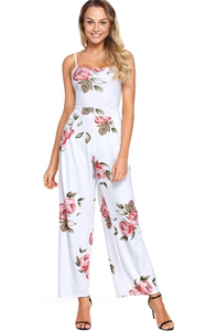 BY64382-1 Navy Blue Floral Print Wide Leg Jumpsuit